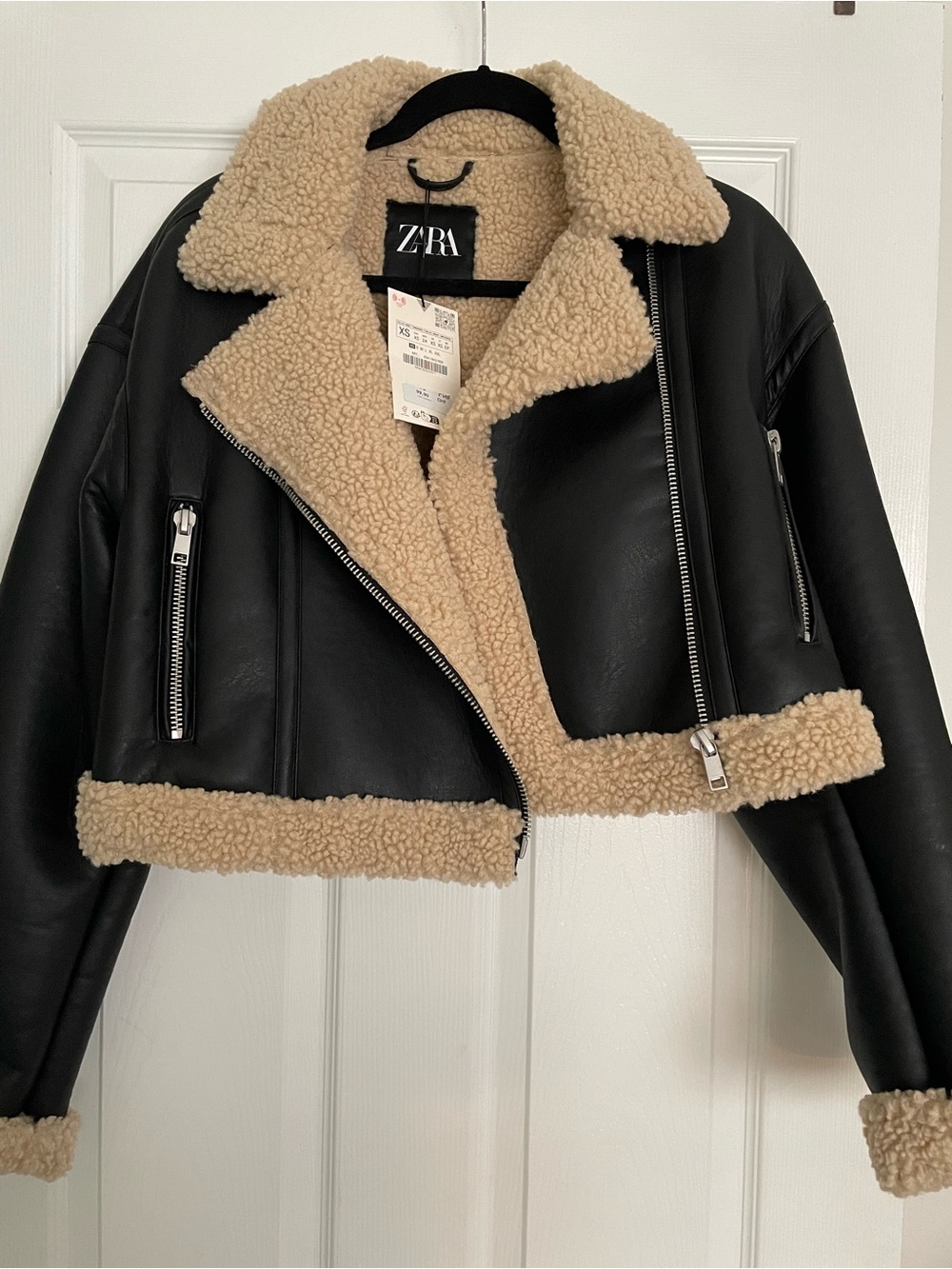 Zara Black Jacket with Beige Shearling Trim